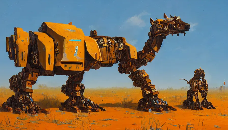 Image similar to an intricate oil painting of a giant south african armored cheetah shaped scrap metal mecha by simon stalenhag, yellow, orange and cyan paint decals