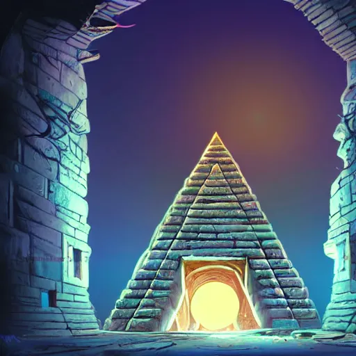 Prompt: highly detailed environment concept alt art doorway glowing portal in the pyramid finely detailed illustration animation key frame, full moon