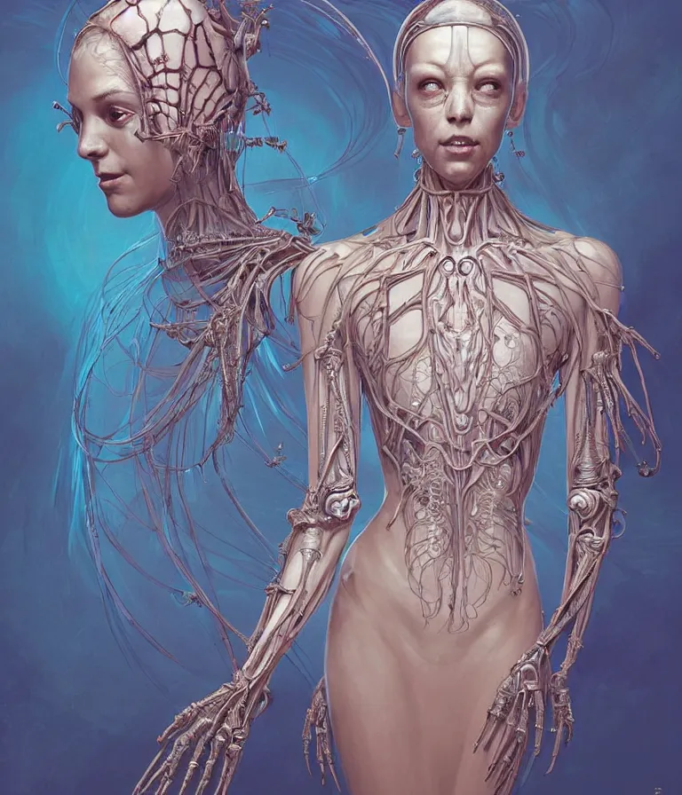 Image similar to fully symmetrical centered portrait of a beautiful princess in robe. artificial muscles, ribcage, bones, hard surface modelling. cyberpunk look. biomechanical mask. bio luminescent biomechanical halo around head. jellyfish. artwork by jarold Sng by artgerm, by Eddie Mendoza, by Peter mohrbacher by tooth wu by alfons mucha, unreal engine, octane render, cinematic light, iridescent details, iridescent colors, dichroic, macro, depth of field, blur