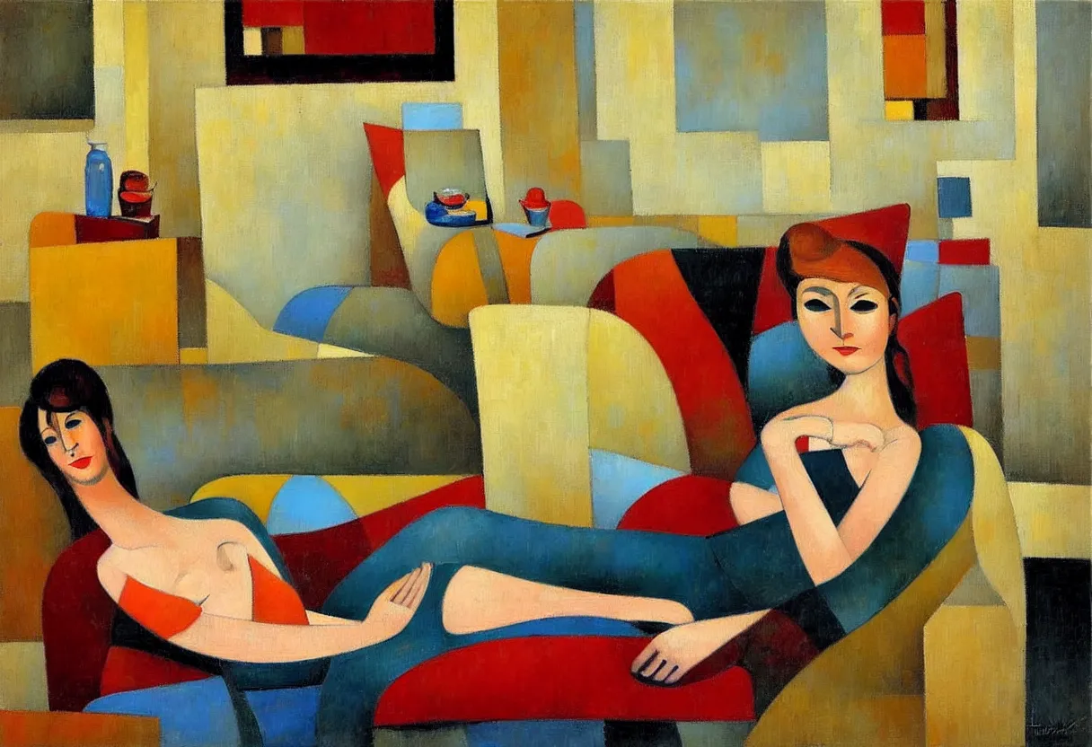 Prompt: figurative oil painting of a woman relaxing in her cosy home, art by didier lourenco, spanish modernism, patterned background, balanced and aesthetically pleasing colors