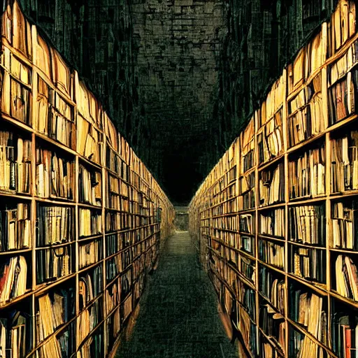 Image similar to “lost in a labyrinth that is Powell’s City of Books. Creepy liminal photo. Hyperrealistic, benchmark resolution photo in the style of Beksinski”