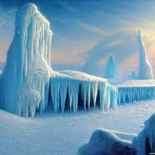 Prompt: hd wallpaper of ice castles in the north pole, trending on artstationhq, artwork by bob eggleton