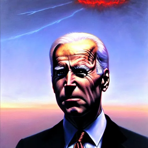 Image similar to epic Joe Biden in pandemonium, demons and souls, portrait, art by Wayne Barlowe, oil on canvas