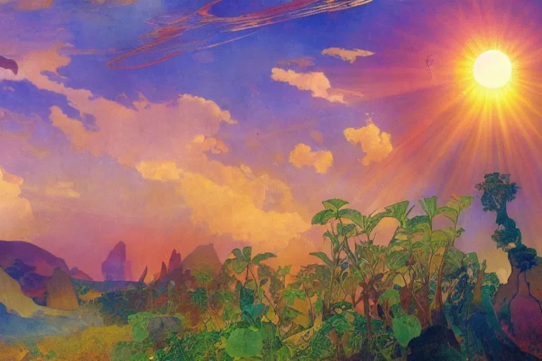 Image similar to landscape of the planet earth with colorful vegetation and sunrays and a surreal sky by alfons maria mucha, trending on artstation.