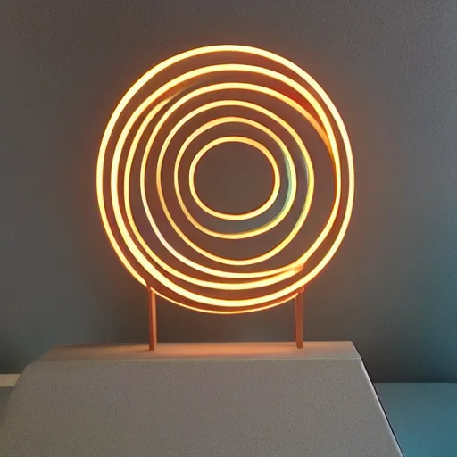 Image similar to circle shaped sculpture, curves, wood, colored lights, portal, sketch