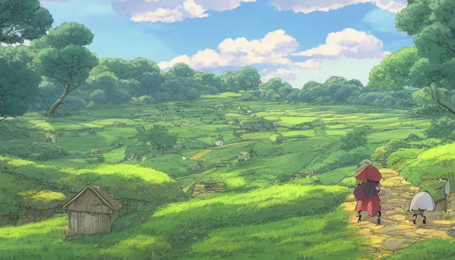 Prompt: A beautiful Yorkshire countryside in the style of Studio Ghibli, illustrated by Kazuo Oga, Hayao Miyazaki, trending on artstation, HD, 4K