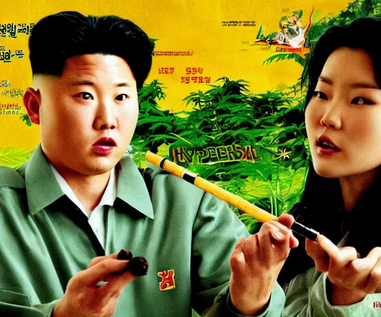 Image similar to hyperralism weed express ( 2 0 0 8 ) movie still photography of realistic detailed north korean kim chen with detailed face smoking reviewing detailed weed bush in detailed basement bedroom ultra violet light