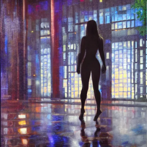 Image similar to beautiful woman, courtyard, capital, cybermosque interior, control panel, watcher, omniscient, tech noir, wet reflections, impressionism, matte painting, speed painting, chiaroscuro, oil on canvas