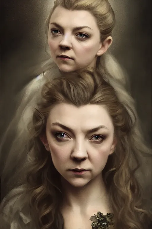 Image similar to a portrait of Natalie Dormer as an elegant beautiful dark bohemian vampire woman, bored, illustration, dramatic lighting, soft details, painting oil on canvas, art nouveau, octane render, HDR, 4k, 8k, HD, by Edmund Blair Leighton, Brom, Charlie Bowater, trending on artstation, faces by Tom Bagshaw, Sargent