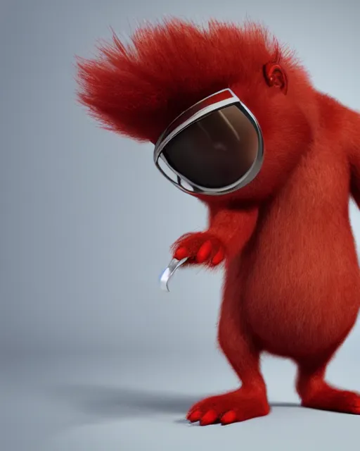 Prompt: 3 d render of completely red hairy friendly antropomorphic robust cartoony creature wearing chrome shades, without nose, full body, in the style of pixar, simple, cute, white background, unreal engine 5, octane render, highly detailed hdr