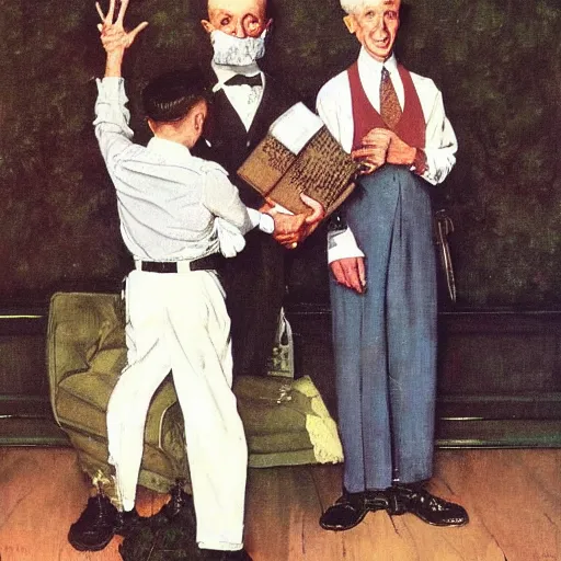 Prompt: An elegant man throws gang signs. Painting by Norman Rockwell.