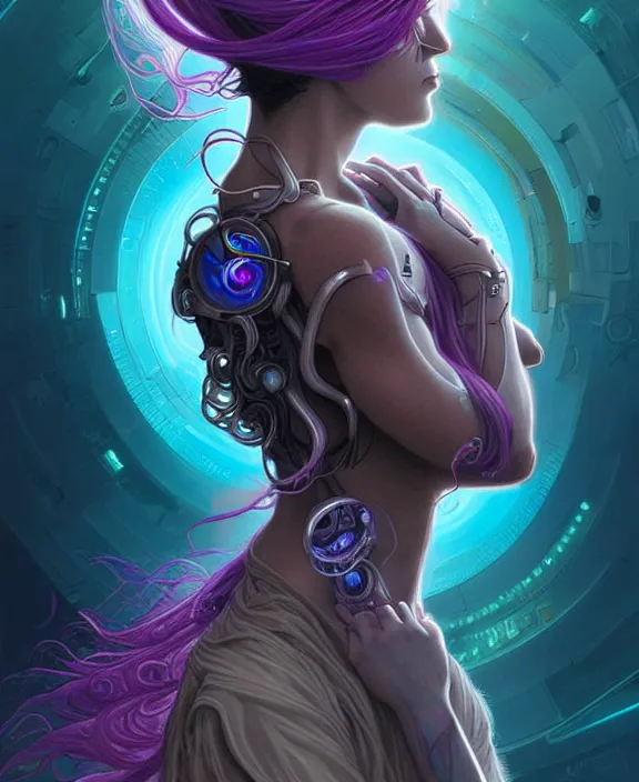 Image similar to a whirlwind of souls rushing inside the metaverse, half body, jewelry, hologram, dreads, android, cyborg, cyberpunk face, by loish, d & d, fantasy, intricate, elegant, highly detailed, colorful, vivid color, digital painting, artstation, concept art, art by artgerm and greg rutkowski and alphonse mucha