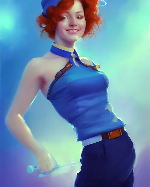 Prompt: cute female flight attendant, perfect face, blue halter top uniform, ginger hair, bombshell, cinematic, stunning, agile, highly detailed, digital painting, artstation, smooth, hard focus, illustration, art by jessica rossier and and brian froud