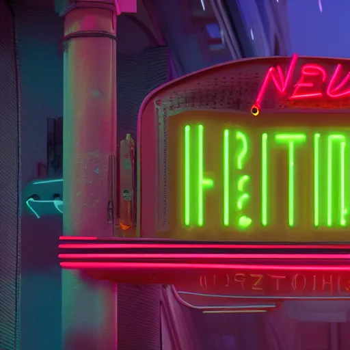 Prompt: a neon sign with the inscription neon. in a cyberpunk street at night. 4K. Unreal engine. High definition render