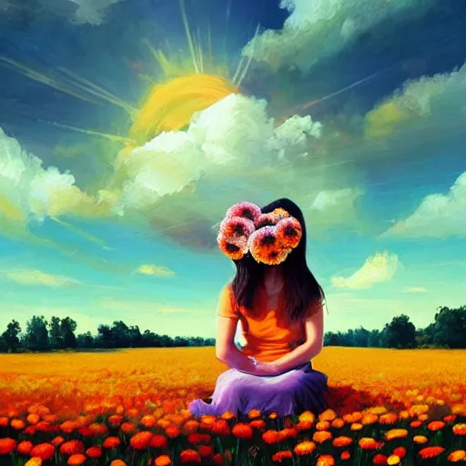 Image similar to giant daisy flower as head, girl sitting in a flower field, surreal photography, sunrise, dramatic light, impressionist painting, colorful clouds, digital painting, artstation, simon stalenhag