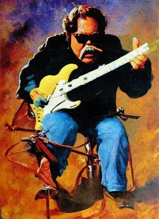 Image similar to Wilford Brimley shredding on an electric guitar, painting by Frank Frazetta