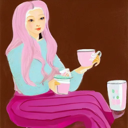 Prompt: russian girl with long blond hair sitting at a pink keyboard holding a cup of tea, masterpiece art