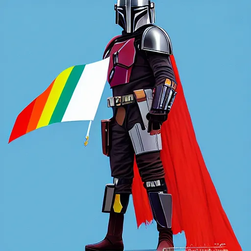 Image similar to the mandalorian wearing a pride flag cape by ilya kuvshinov katsuhiro otomo