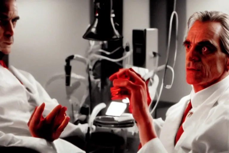 Image similar to a scene from the movie dead ringers with jeremy irons, dark cinematic lighting, heavy black and red color contrast, medical equipment