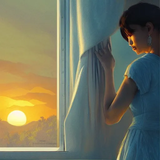 Image similar to Filipino woman with a short hair looking out the window to a beautiful sunset, intricate, highly detailed, digital painting, artstation, concept art, smooth, sharp focus, illustration, Unreal Engine 5, 8K, art by artgerm and greg rutkowski and alphonse mucha