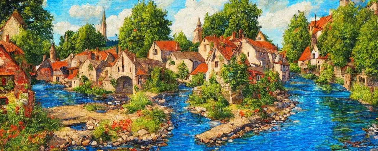 Prompt: a river running through a medieval village, summer, vibrant colors, classic painting, award winning, extremely detailed