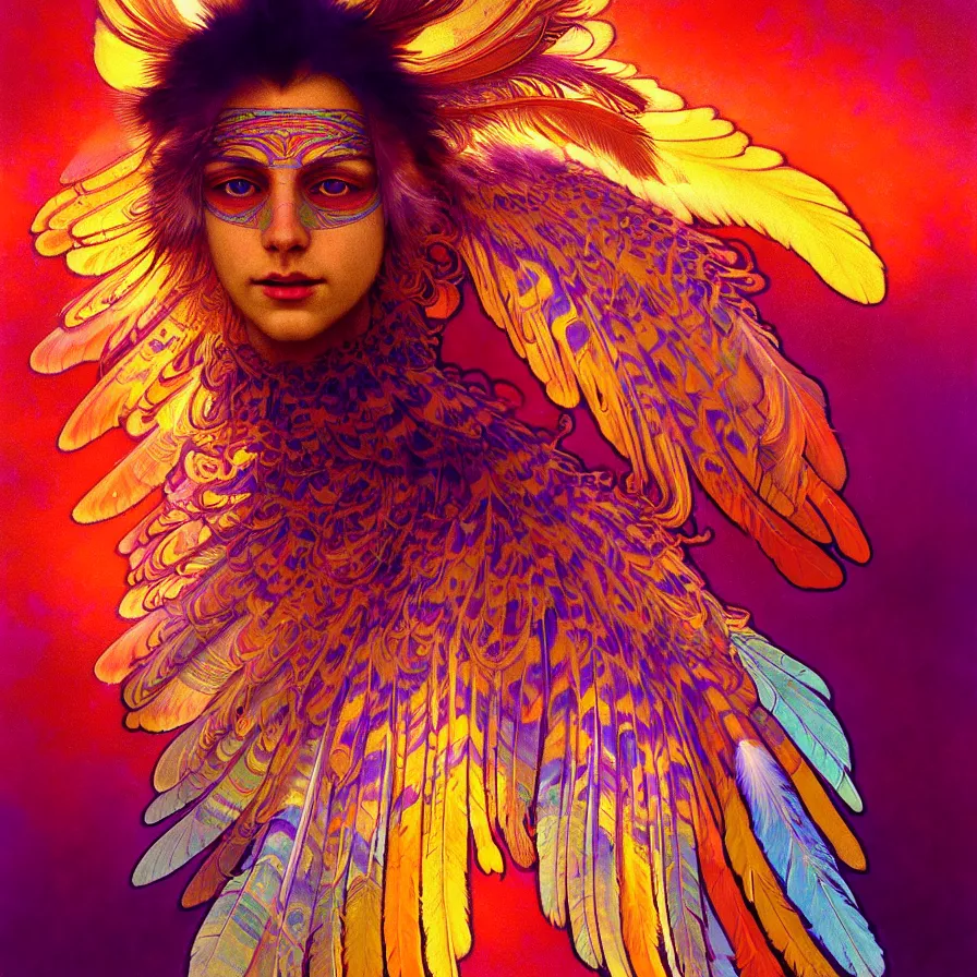 Image similar to face of innocent psychedelic transcendent feather mind bending psychedelic wings of glossy liquid honey flowing like kaleidoscopic translucent holograph, lsd feathers, feathery fluff, enlightenment, high contrast dappled lighting, refracted sunset, highly detailed, concept art, art by collier, albert aublet, krenz cushart, artem demura, alphonse mucha