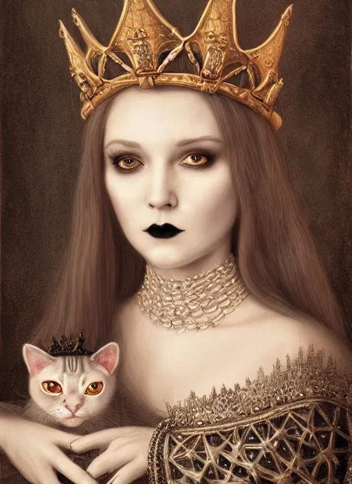 Prompt: highly detailed closeup portrait of a goth medieval queen wearing a crown and sitting on a throne, surrounded by cute cats, unreal engine, nicoletta ceccoli, mark ryden, earl norem, lostfish, global illumination, god rays, detailed and intricate environment