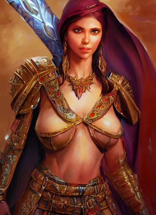 Image similar to arabian human female, ultra detailed fantasy, dndbeyond, bright, colourful, realistic, dnd character portrait, full body, pathfinder, pinterest, art by ralph horsley, dnd, rpg, lotr game design fanart by concept art, behance hd, artstation, deviantart, hdr render in unreal engine 5