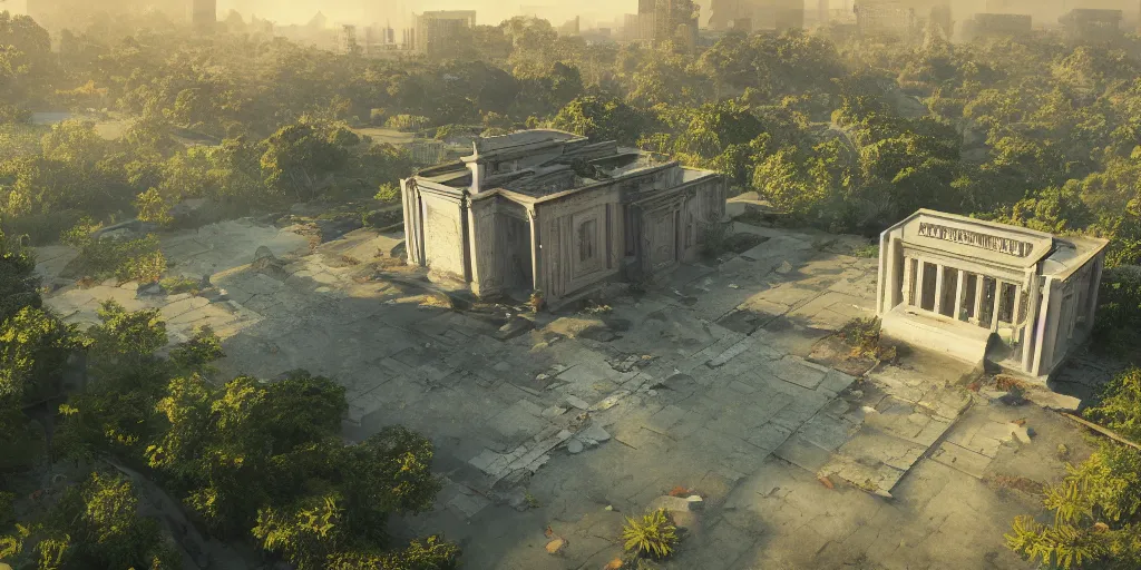 Image similar to abandoned temple of illuminati by le corbusier, empty streetscapes, surrounded by lush green vegetation, ground-level view, puddles of water, stunning volumetric lighting, sunset, trending on Artstation, 8k, photorealistic, hyper detailed, unreal engine 5, cinematic, epic lighting, cryengine, octane render, cyberpunk, red and orange glow, dark, gloomy