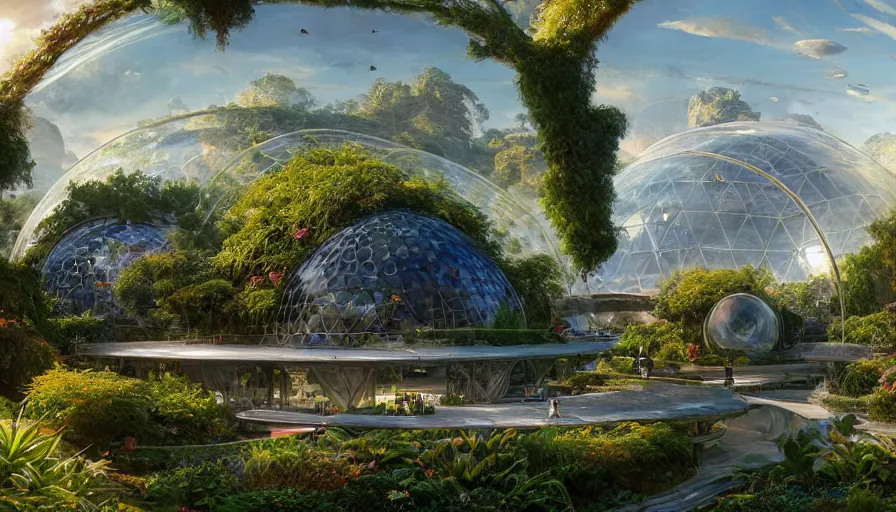 Prompt: highly detailed digital matte painting of beautiful gardens and a geodesic biodome on a massive ring shaped space station, by Raphael LaCoste and Stephan Martiniere and Justin Gerard and Robert McCall, postcyberpunk, geodesic dome, hyperdetailed, sunrise, wide shot, octane render