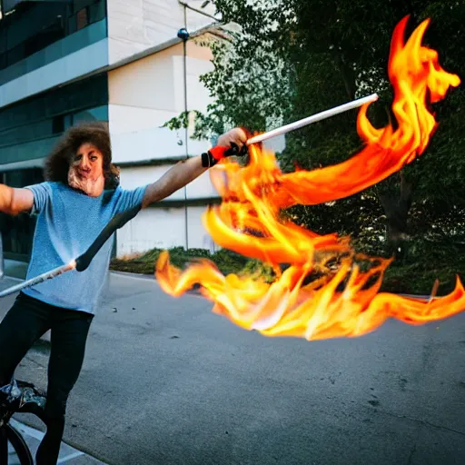 Image similar to professional photograph of a cat juggling fire sticks ona unicycle