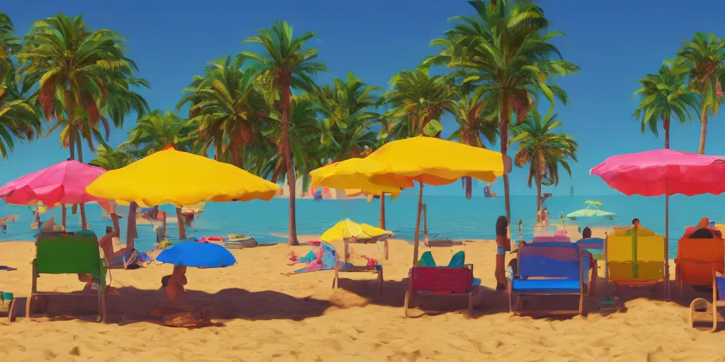 Image similar to a film still of a sunny and colourful beach scene in santa monica, los angelos by wes anderson, wide shot, sharp, rendered in unreal engine 5, bloom, dramatic lighting