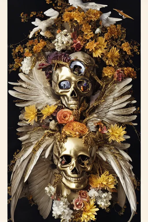 Image similar to A flying icarus reaching for the golden sun with a skull mask and golden wings as a Greek sculpture, quartz crystal skull, wreath of flowers and abstract eyes, bouquet of bones, many large flying monster eyes, silk, fabric, birds, flowers. baroque elements, human skull. full-length view. baroque element. intricate artwork by caravaggio. many many birds birds on background. Trending on artstation. halo. octane render, cinematic, hyper realism, octane render, 8k, depth of field, 3D