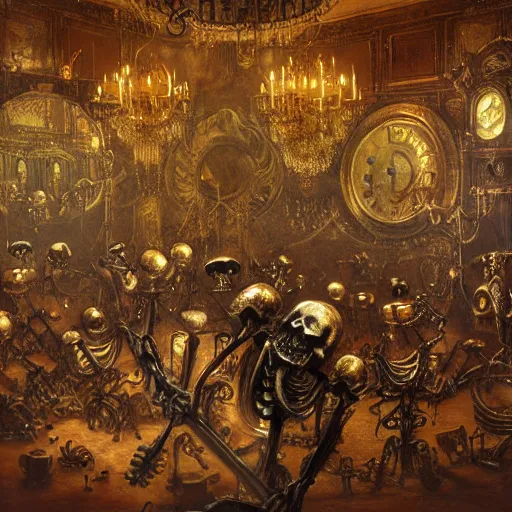 Prompt: A PHOTOREALISTIC 8K RESOLUTION MATTE PAINTING OF GOLDEN STEAMPUNKK SKELETONS DANCING IN A BAROQUE STYLE AT AN ART DECCO BALLROOM, BY BOB EGGLETON
