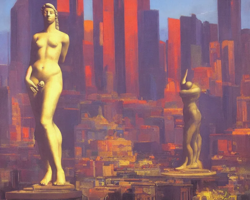 Prompt: an achingly beautiful oil painting of the venus de milo standing alone amid a vibrant futuristic metropolis by Raphael and Hopper.