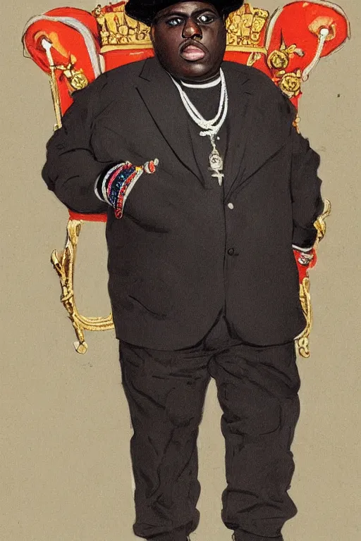 Image similar to ultra unrealistic portrait of rapper biggie smalls standing with cane and with kings crown and royal outfit, european, modern art, eclectic art, gold and colorful, illustration, by ramon casas