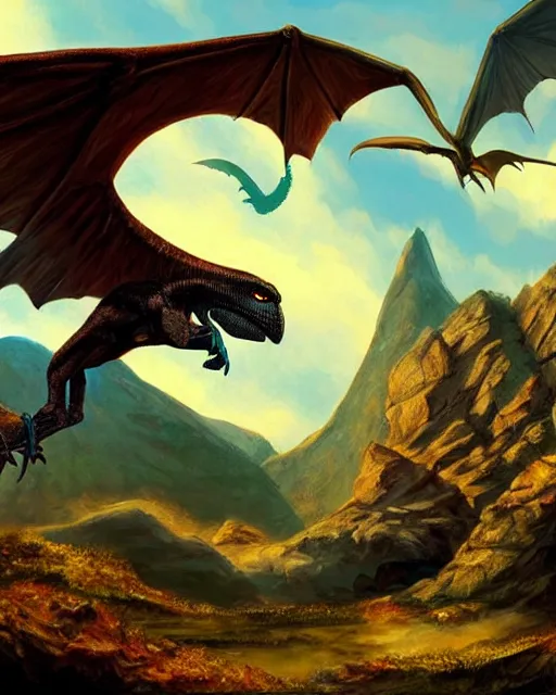 Prompt: ''winged dinosaur, fantasy, mountain landscape, d & d, digital painting, rule of thirds, artstation, deviantart, concept art, illustration, art by dragolisco and anne stokes and nico niemi''