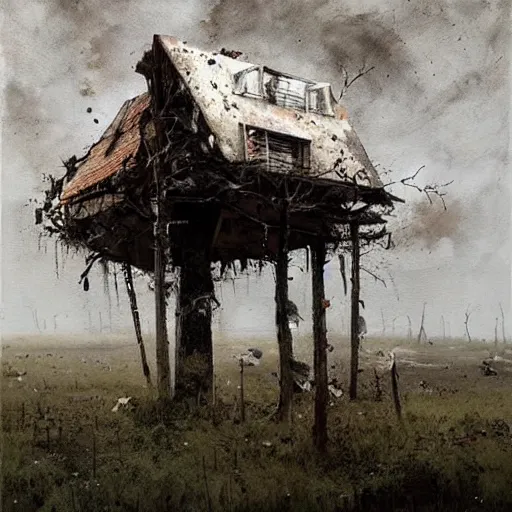 Image similar to painting by jakub rozalski of an abandoned post soviet town infested with root monsters