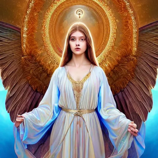 Image similar to Portrait of beautiful young female archangel girl maiden angel wearing flowing robes, long cyan hair, luminescent blue eyes, vivid colors, colorful, photorealistic, high dynamic range, HDR, intricate, elegant, highly detailed, digital painting, artstation, concept art, smooth, sharp focus, illustration, art by artgerm and greg rutkowski and alphonse mucha and andrei riabovitchev