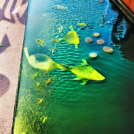 Prompt: a liquid sidewalk with a group of fish swimming inside it [ drone photo ]