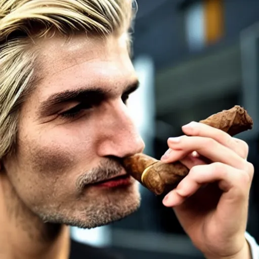 Image similar to a closeup photo of handsome gigachad xqc smoking a cigar