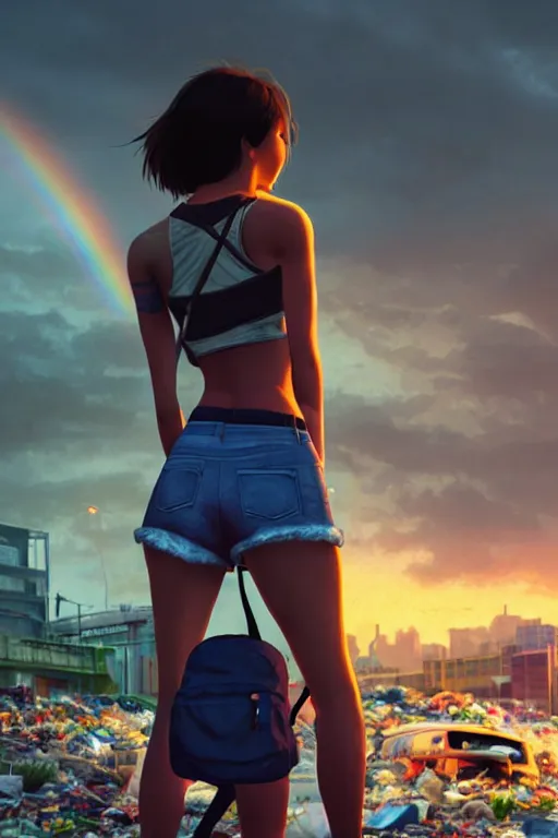 Prompt: young woman in mini short with backpack looking at food at garbage dump, destroyed cars, city is pure wasteland, moody sunset background, rays of sunlights, ( ( ( rainbow ) ) ), high details, sharp, photorealism, cinematic, greg rutkowski, artgerm, unreal engine, highly detailed