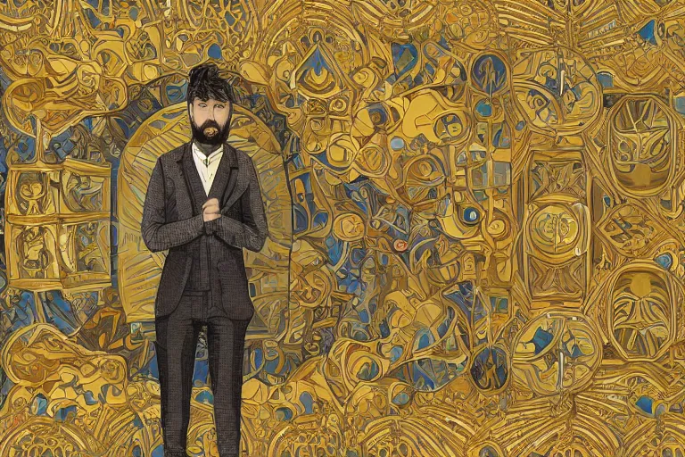 Image similar to man standing inside his own dreams by lina iris viktor, art nouveau, japanese golden decorations, 2 d flat digital illustration, opulent mosaics 4 k