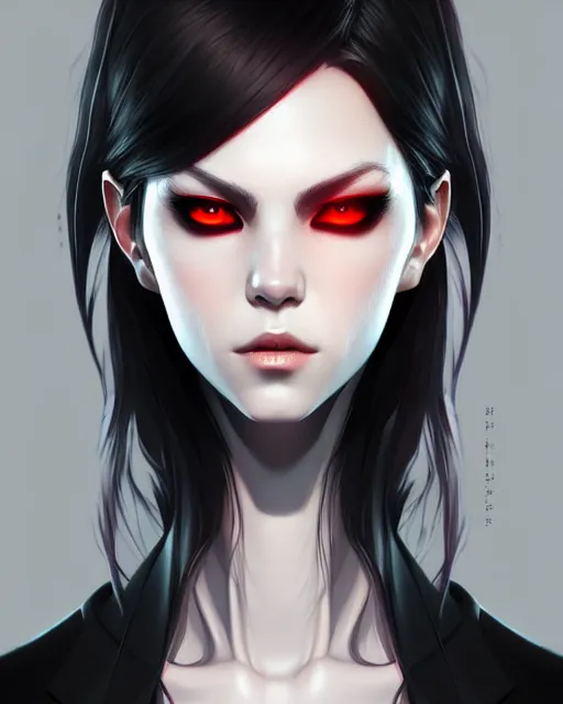 Image similar to sharp hq rendering, dark vampire, character portrait, concept art, painterly, fanart, highly detailed in the style of wlop by ilya kuvshinov, wenjun lin, angular asymmetrical design