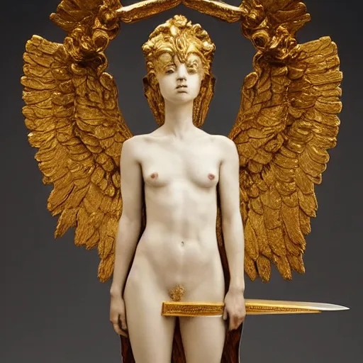 Image similar to a statue made of marble and gold, of an beautiful angel girl with a sword in hand, perfect symmetrical body, perfect symmetrical face, no eyes, hyper realistic, hyper detailed, fujicolor superia 1 6 0 0 photo, full body shot, by peter kemp, by monia merlo