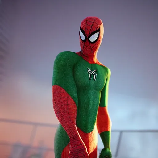 Image similar to moody atmospheric render of an orange and green spiderman by wlop made with unreal engine