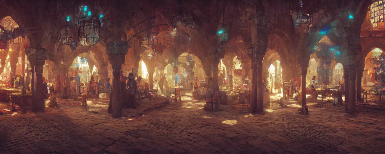 Image similar to inside of a medieval era bazaar, vaporwave aesthetics, 8 k uhd, unreal engine, octane render in the artstyle of finnian macmanus, john park and greg rutkowski