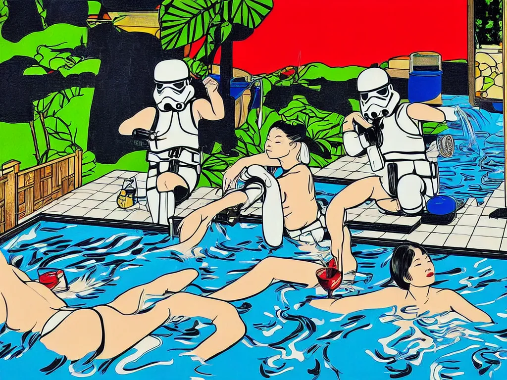 Image similar to hyperrealism composition of the japanese house with a hot springs in the garden, two detailed stormtroopers bathe in a hot spring, pop - art style, jacky tsai style, andy warhol style, roy lichtenstein style, acrylic on canvas