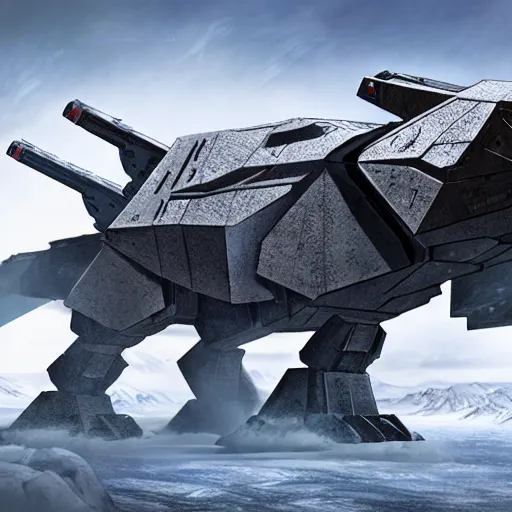 Image similar to a fusion between the tarrasque and an AT-AT, flat grey color, completely metal, gun turrets on shoulders, walking across ice planet, hyper-realistic CG