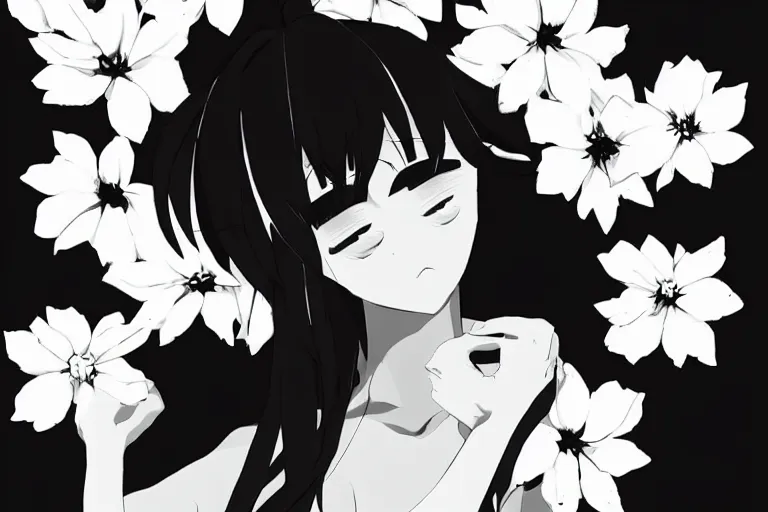 Image similar to “Extremely distraught black and white anime girl dramatically ugly crying with flowers petals being blown around her by a violent wind, black and white”